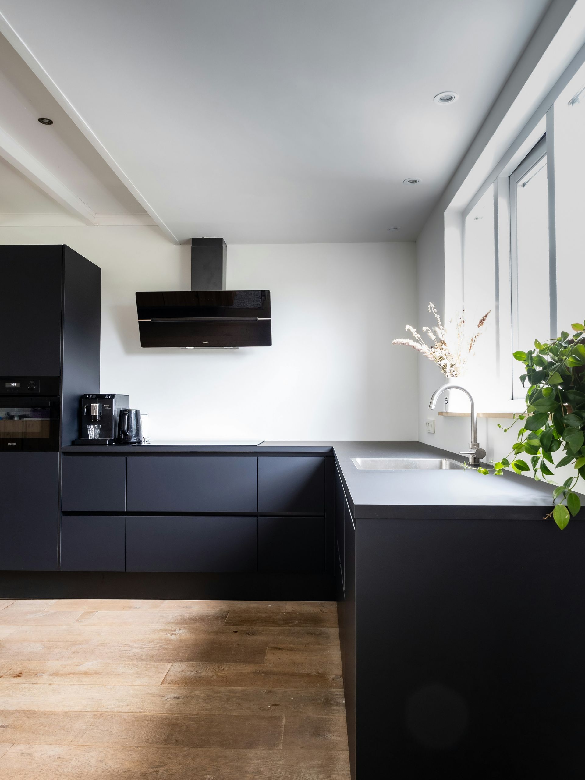 A modern kitchen with matte black cabinets, wooden flooring, and a green plant